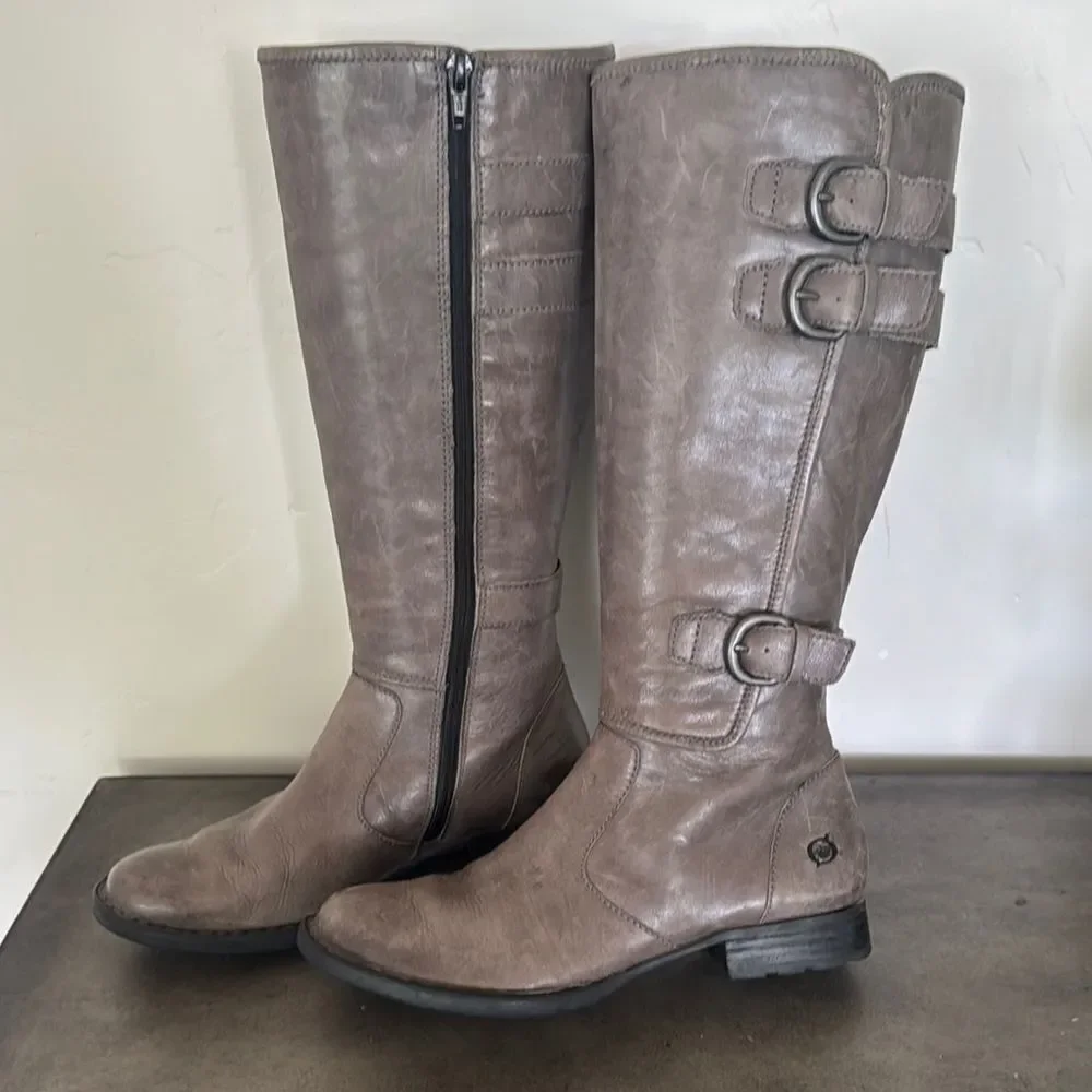 Born Women's Tall Knee High Ash Leather Boots Riding Boho Buckle Size 6.5 EUC